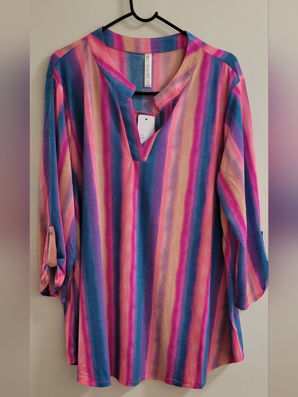 Scarlett V-Neck Roll Tab 3/4 Length Sleeve Tunic Stripe Coral Size 2x